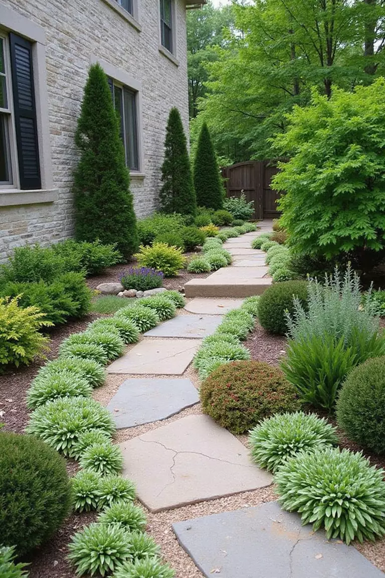 A photo of a typical American home's garden featuring a winding stone path bordered by low-growing perennials like creeping thyme, sedums, and dianthus