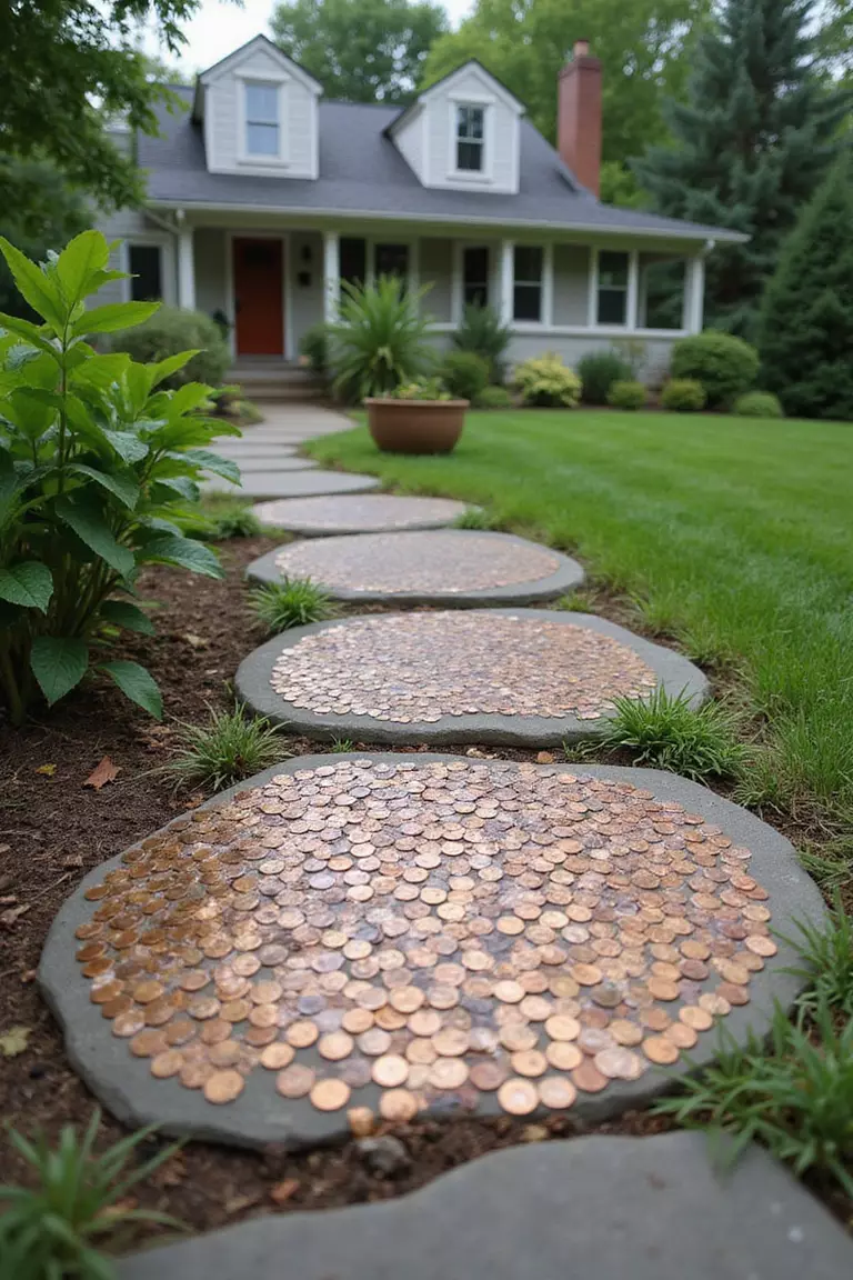 A close-up photo of a typical American home's garden featuring a stepping stone with pennies embedded in the surface, creating a coppery mosaic effect.
