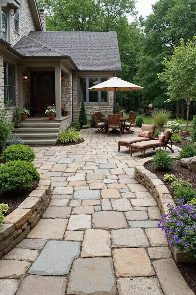 A photo of a typical American home's garden patio with natural stone pavers in varied earthy tones, creating a rustic, timeless outdoor space.