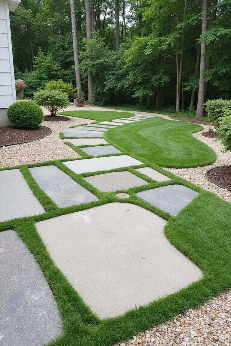 A photo of a typical American home's garden patio with large stone pavers spaced apart, with artificial grass and pea gravel filling the gaps between stones.