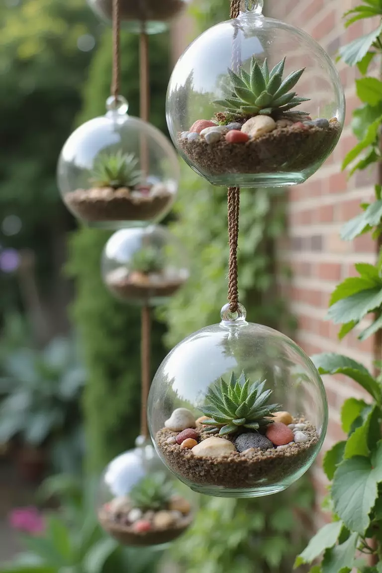 Hanging Terrariums A close-up photo of a typical American home's garden wall with glass globe terrariums hanging at different heights, containing small succulents and colorful stones.