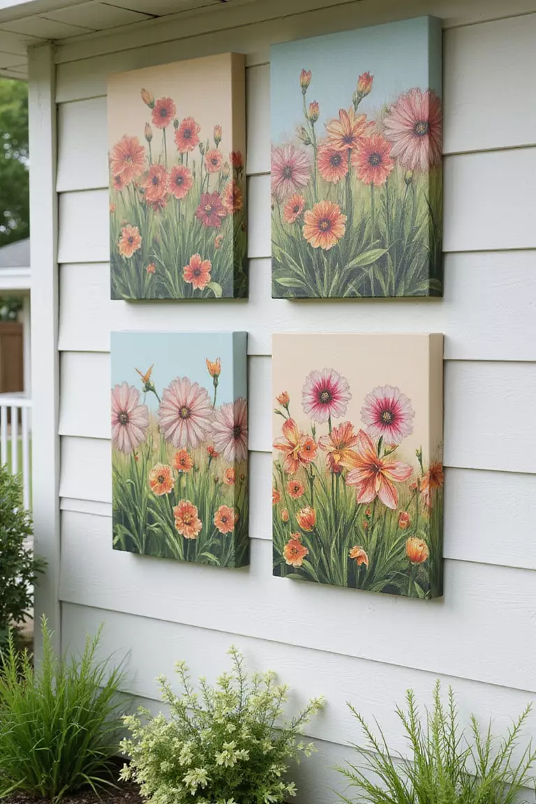 Outdoor Canvas Art A close-up photo of a typical American home's garden wall with weather-resistant canvas prints featuring vibrant botanical images, mounted on a light-colored wall.