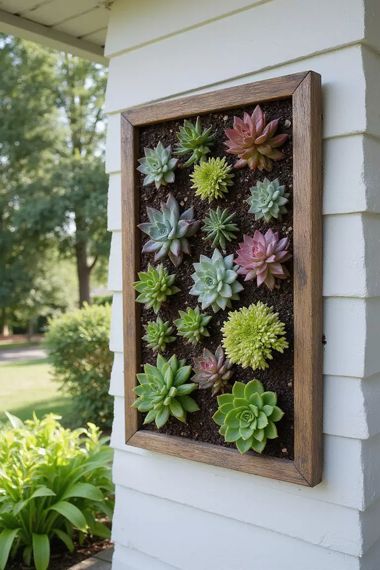 Vertical Succulent Garden A photo of a typical American home's garden featuring a framed vertical succulent garden mounted on an exterior wall, with various colorful succulents arranged in a living picture.