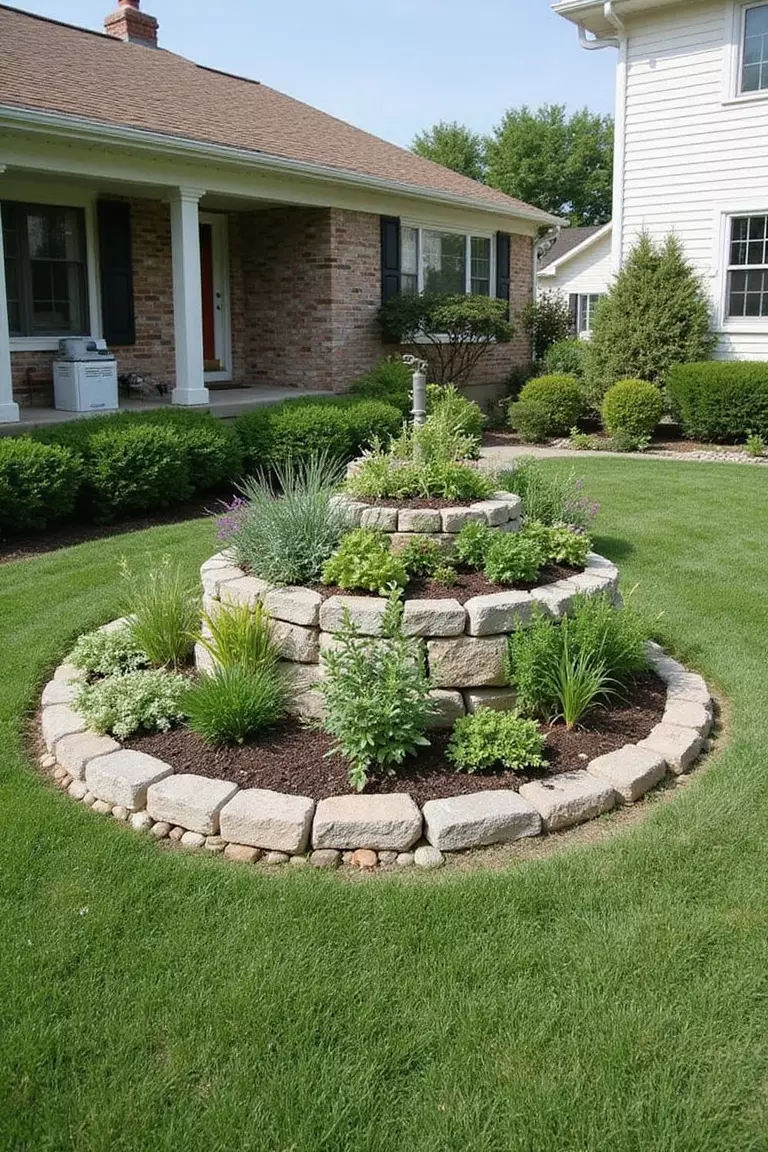 Backyard of a typical American suburban home with a garden containing a spiral-shaped raised bed made of stones, planted with various herbs at different heights, compact design.