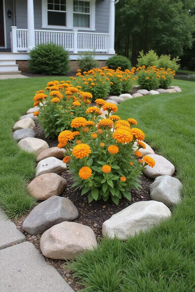 A photo of a typical American home's garden showing a flower bed bordered with medium-sized rocks of similar shape and color, containing bright flowers.