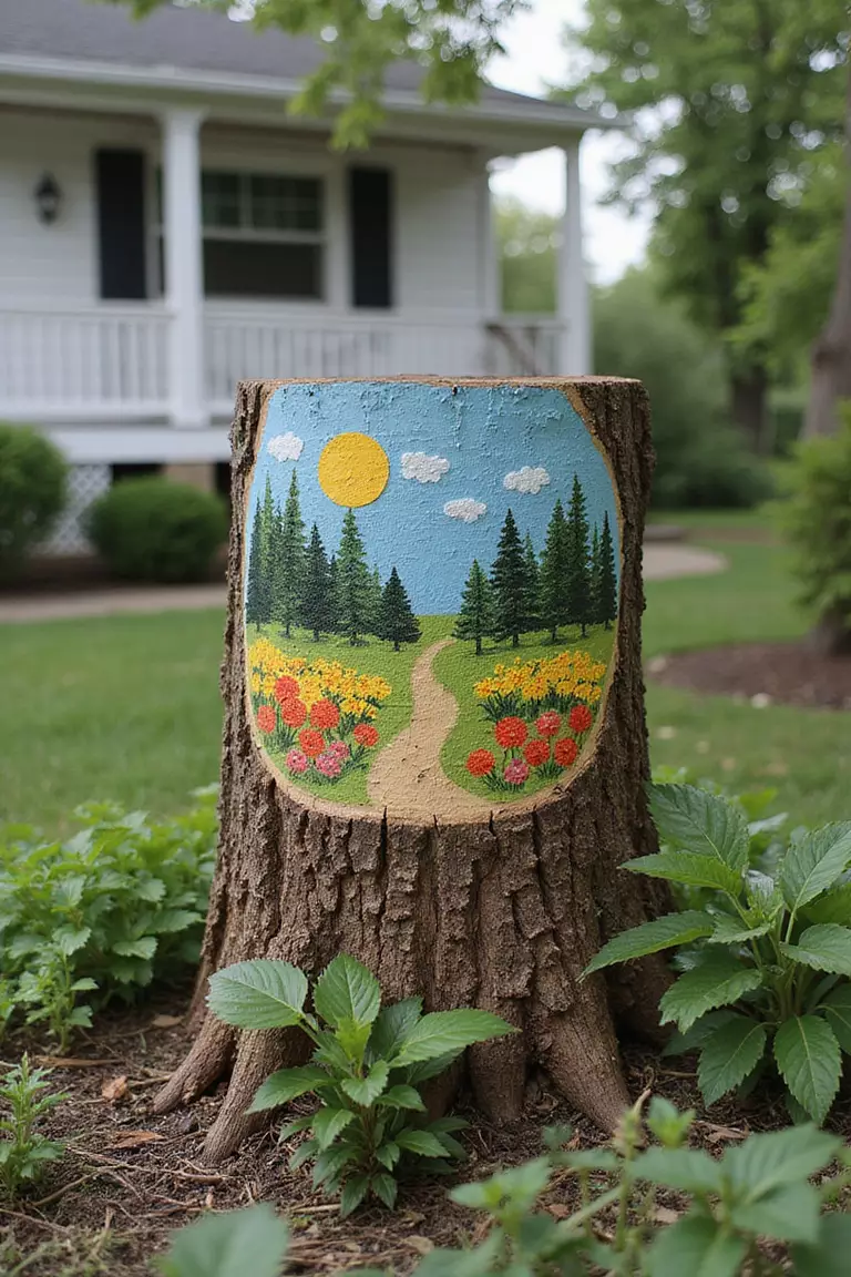A close-up photo of a typical American home's garden with a smooth-cut tree stump face painted with a colorful nature scene, standing among plants.