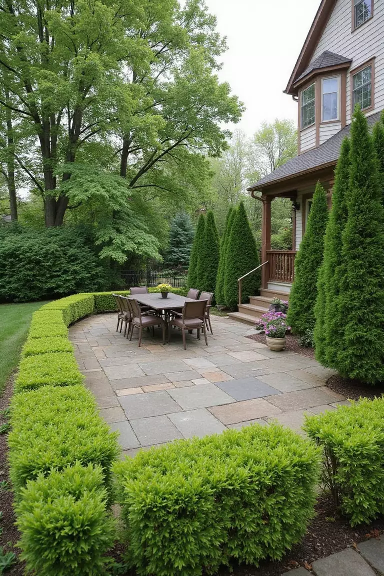 A photo of a typical American home's garden with neatly trimmed evergreen hedges surrounding a stone patio with outdoor dining set