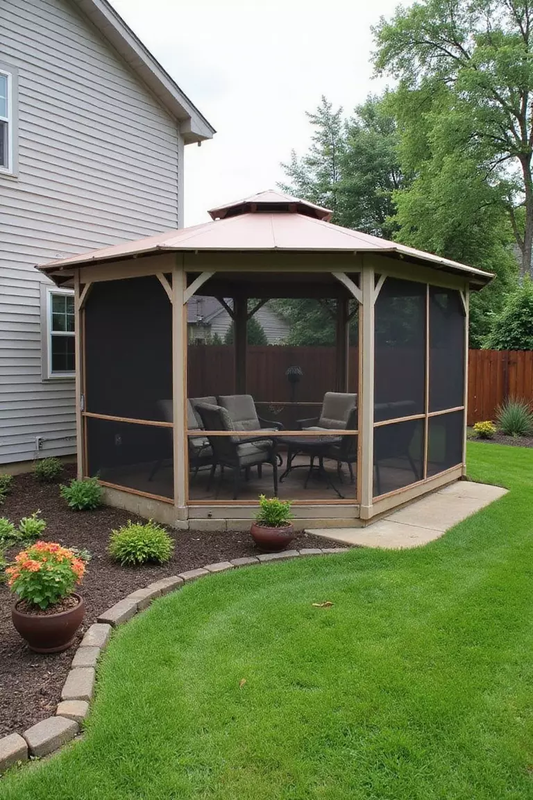 Backyard of a typical American suburban home with a garden containing a fully-screened gazebo with comfortable seating, small table, and potted plants, protected from insects while maintaining views.