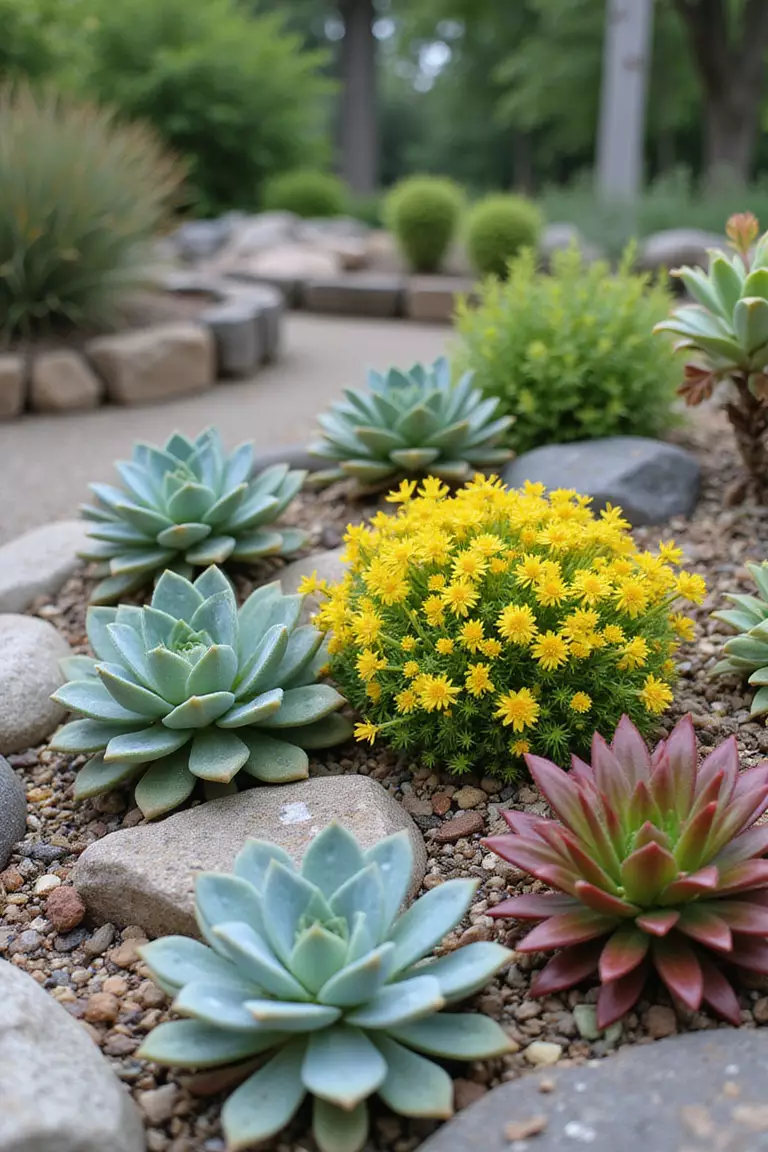 A close-up photo of a typical American home's garden with a rock garden arrangement of various colorful succulents in different shapes and sizes.