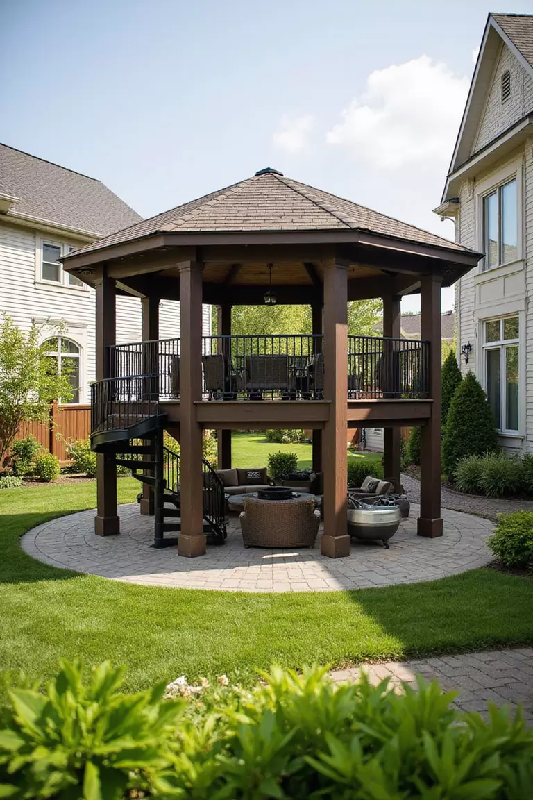 Backyard of a typical American suburban home with a garden showcasing a large two-story gazebo with lower level seating area, upper deck, spiral staircase, and entertaining space with views over the garden.