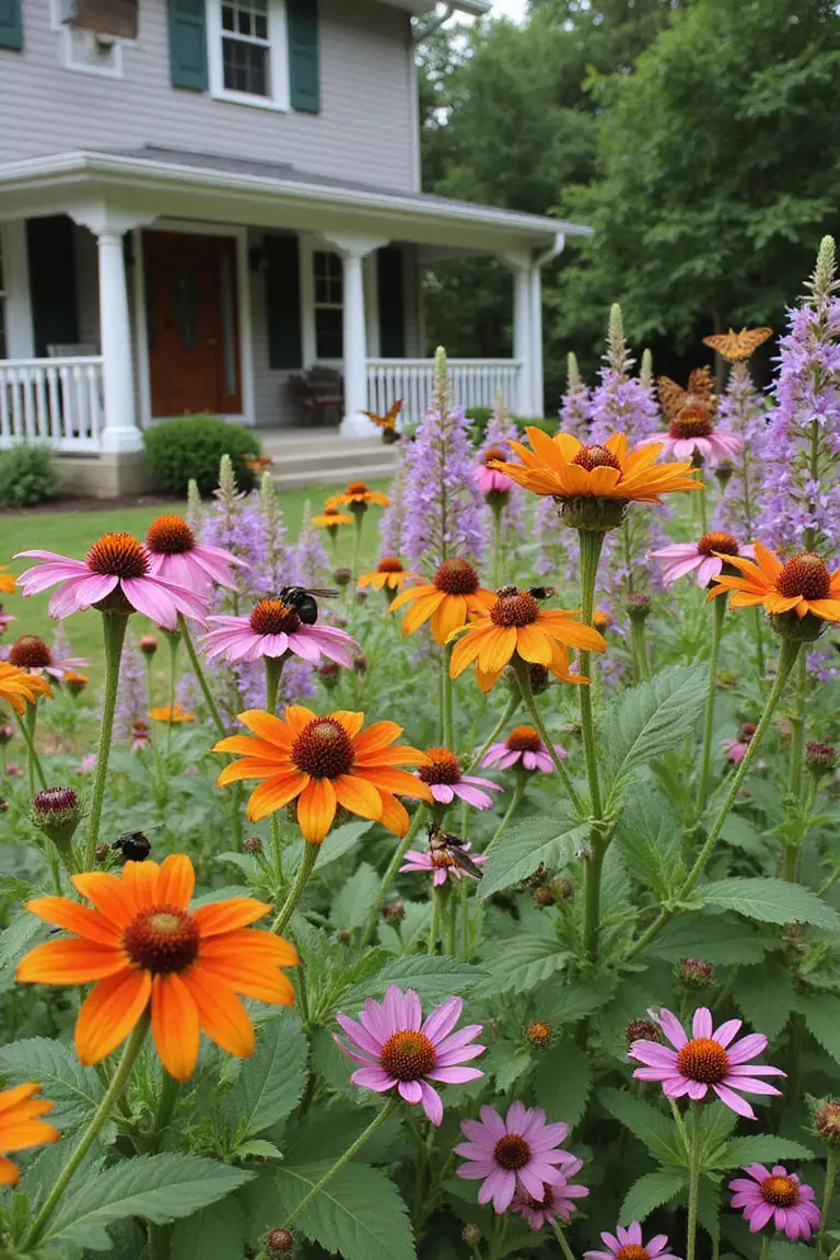 A photo of a typical American home's garden bursting with colorful nectar-rich flowers like coneflowers, bee balm, and salvias with bees and butterflies visiting the blooms.