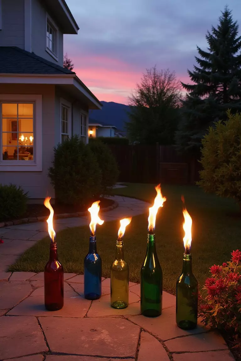 Wine Bottle Tiki Torches A photo of a typical American home's garden at sunset with empty wine bottles converted into colorful tiki torches, flames glowing atop each bottle around a patio area.