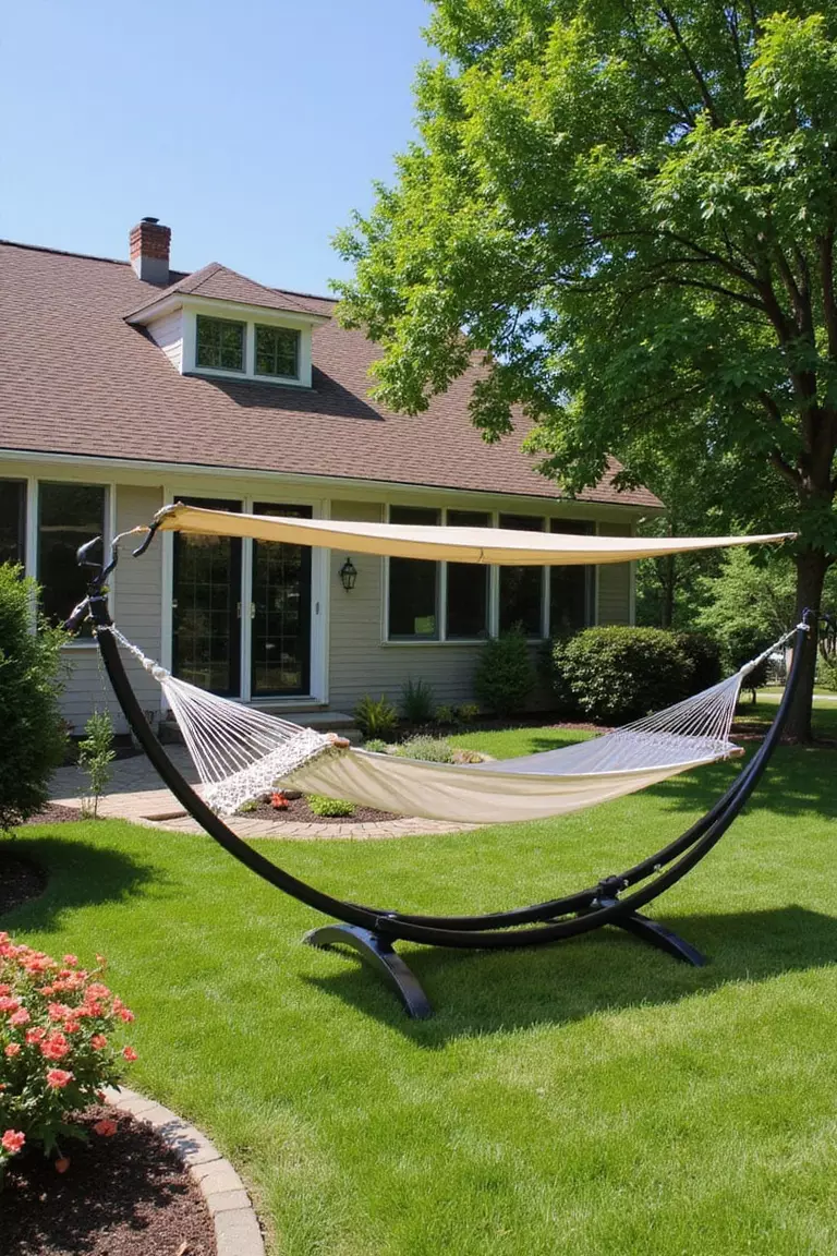 Hammock with Sun Shade Backyard of a typical American suburban home with a garden featuring a hammock with an attached canopy providing shade, positioned on a sunny lawn with flowering shrubs nearby.