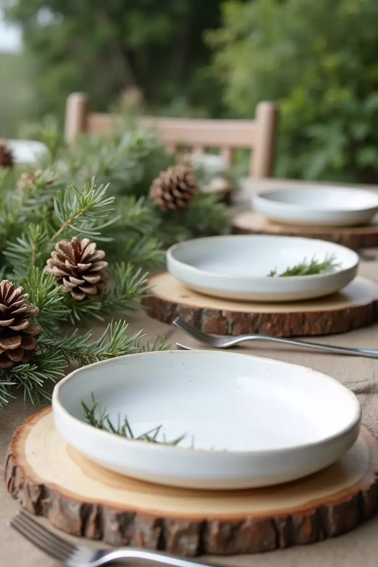 A close-up photo of a typical American home's garden table set with circular wooden slice placemats, simple white dishes, and natural elements like greenery and pinecones.