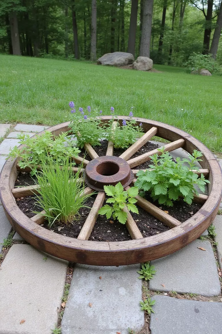 A photo of a typical American home's garden with an old wooden wagon wheel lying flat on a patio, with herbs planted in soil-filled sections between the spokes.