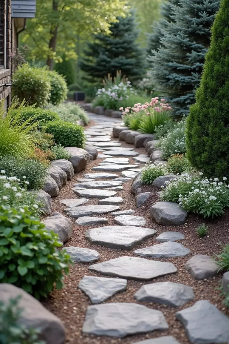 A photo of a typical American home's garden with a winding pathway of smooth river rocks resembling a natural creek bed, bordered by plants and larger stones.
