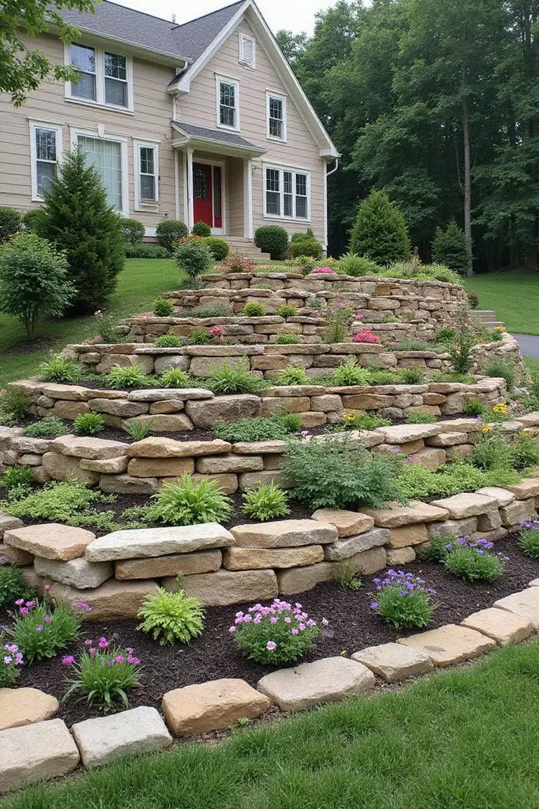 A photo of a typical American home's garden with rock walls creating several flat planting areas on a hillside, filled with flowers and small shrubs.