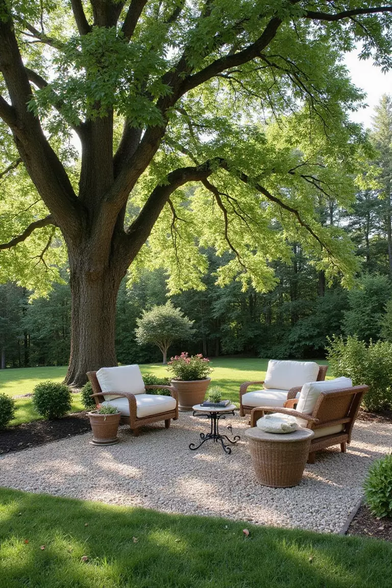A photo of a typical American home's garden gravel patio beneath large shade trees, with dappled light filtering through leaves onto comfortable seating arrangements.