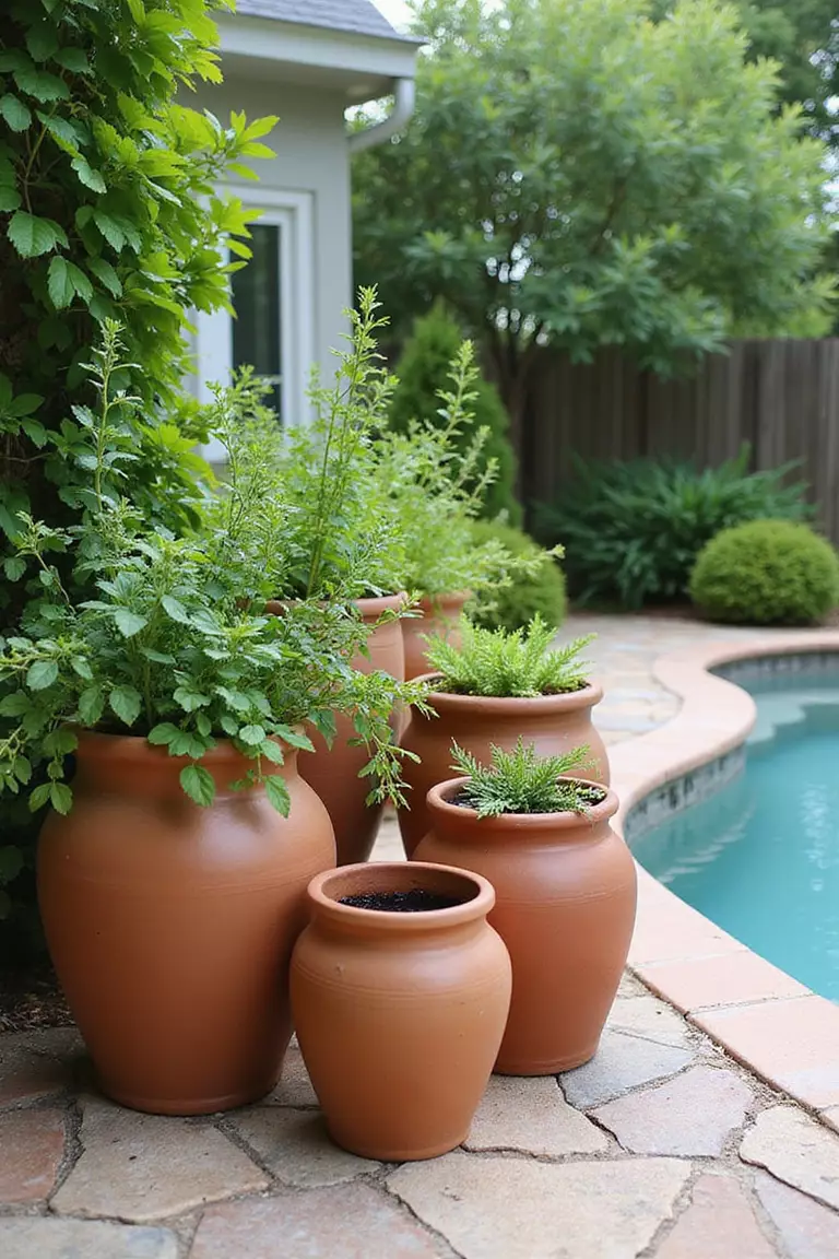A photo of a typical American home's garden with a collection of various-sized terra cotta pots grouped together near a pool, filled with Mediterranean herbs and plants.
