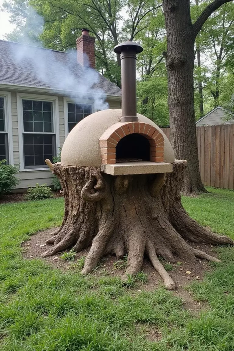 A photo of a typical American home's garden with a large tree stump supporting a homemade outdoor pizza oven, with smoke coming from the chimney.