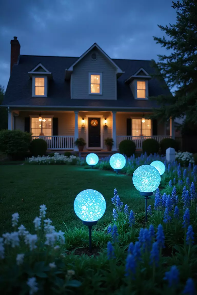 A photo of a typical American home's garden at dusk with glowing orbs made from glass light fixtures placed among flowers, emitting soft blue and green light.