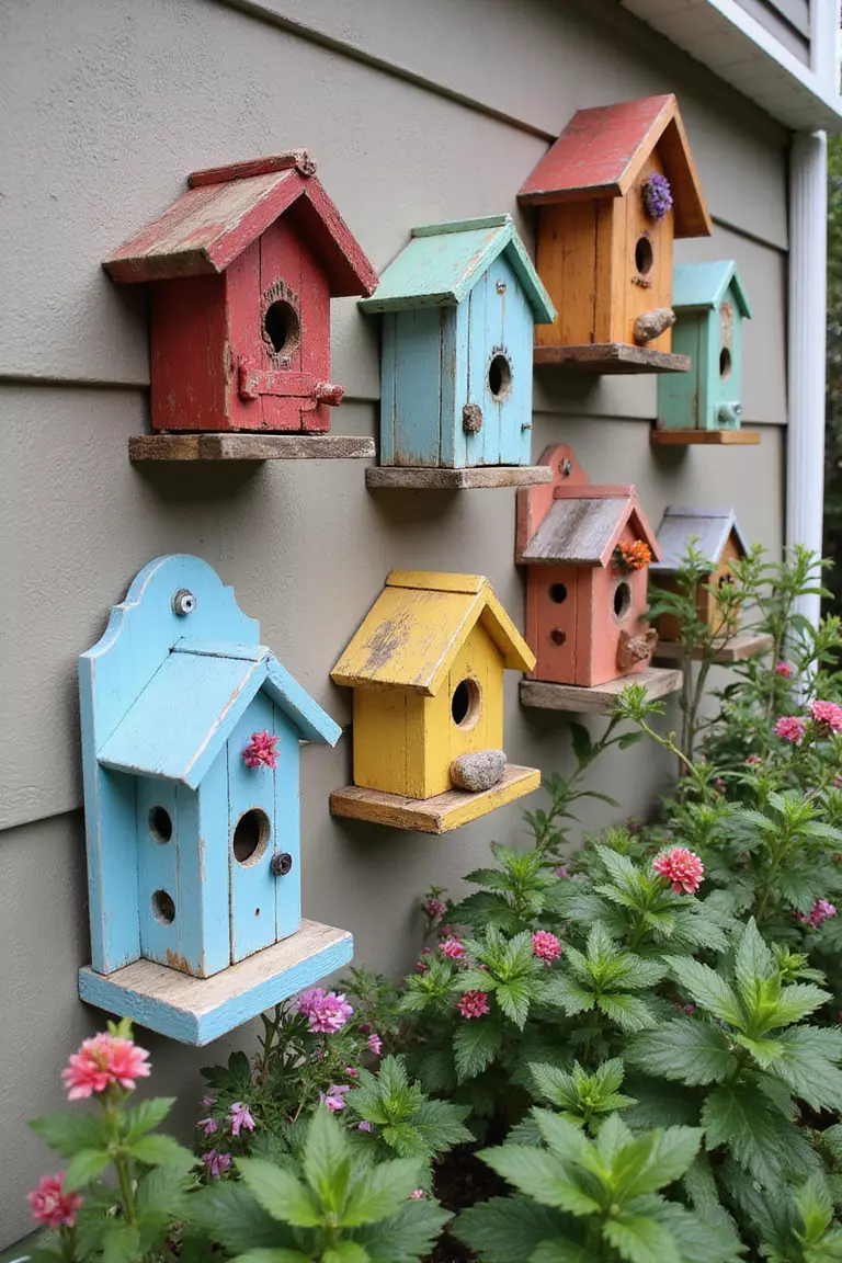 Butterfly or Bird Houses A photo of a typical American home's garden wall with colorful wooden birdhouses and butterfly houses arranged in a group, surrounded by flowering plants.