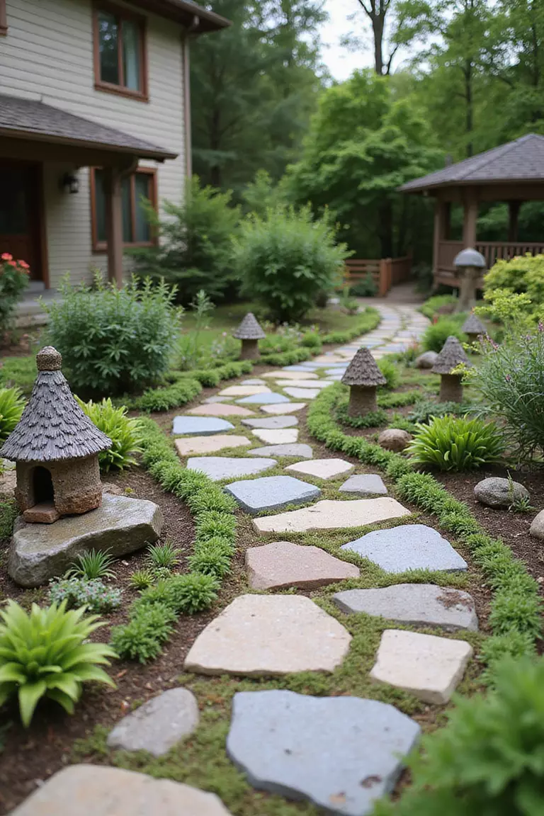 A close-up photo of a typical American home's garden with a miniature fairy garden featuring tiny flat stones arranged as patios and winding paths between small plants and fairy houses.