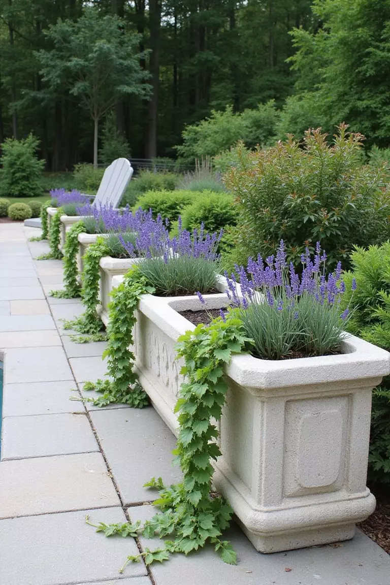 A photo of a typical American home's garden with long carved limestone trough planters containing lavender and trailing ivy positioned along the edge of a pool patio.