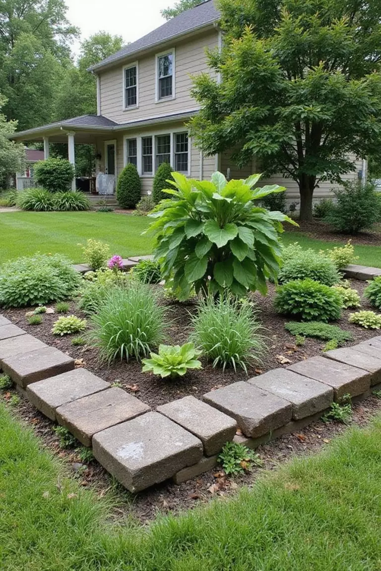 A photo of a typical American home's garden with weathered wooden railway sleepers forming a substantial raised border around a garden bed with lush plants.