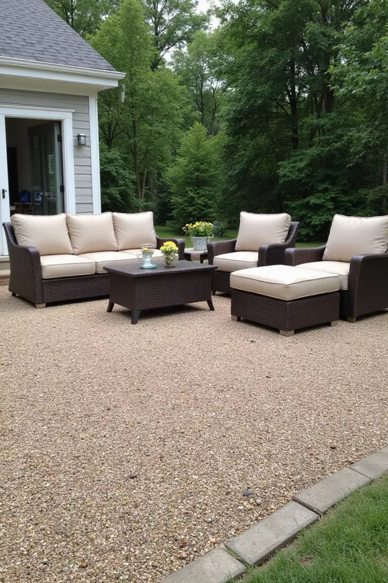 A close-up photo of a typical American home's garden gravel patio featuring deep-cushioned outdoor furniture arranged in a conversation area on smooth gravel.