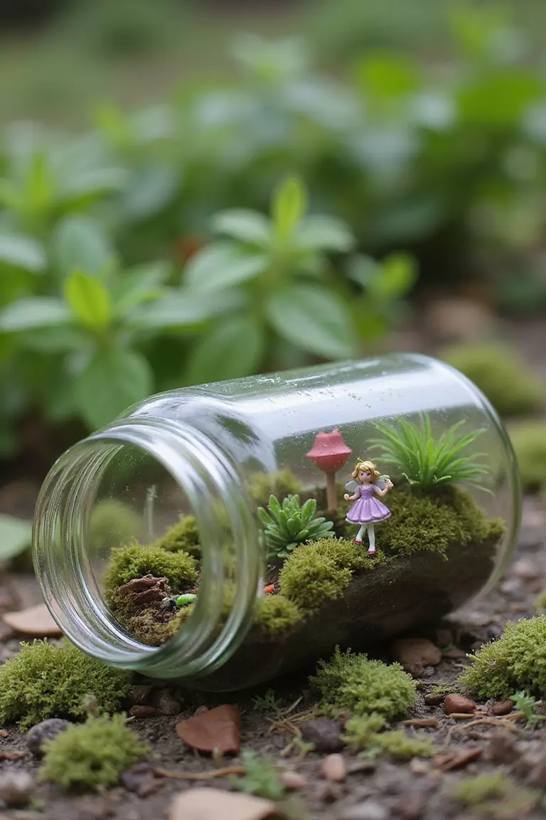 A close-up photo of a typical American home's garden with a glass mason jar lying on its side, filled with tiny plants, moss, and fairy accessories creating a miniature terrarium scene.
