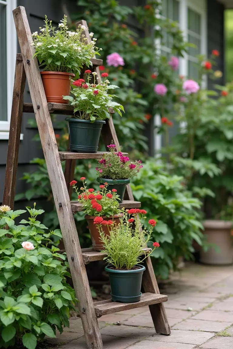 A photo of a typical American home's garden featuring an old wooden ladder opened on a patio, with potted plants of varying sizes displayed on each step.