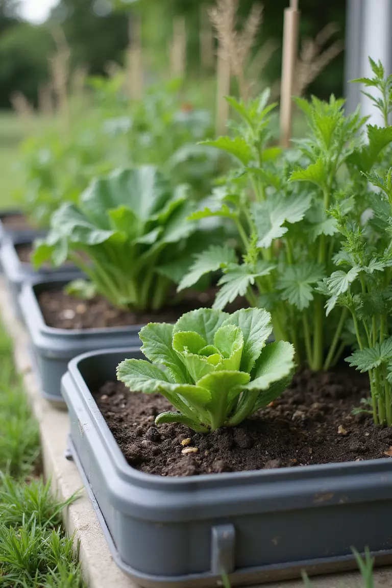 A close-up photo of a typical American home's garden with sleek self-watering planters showing healthy vegetables and herbs growing vigorously.