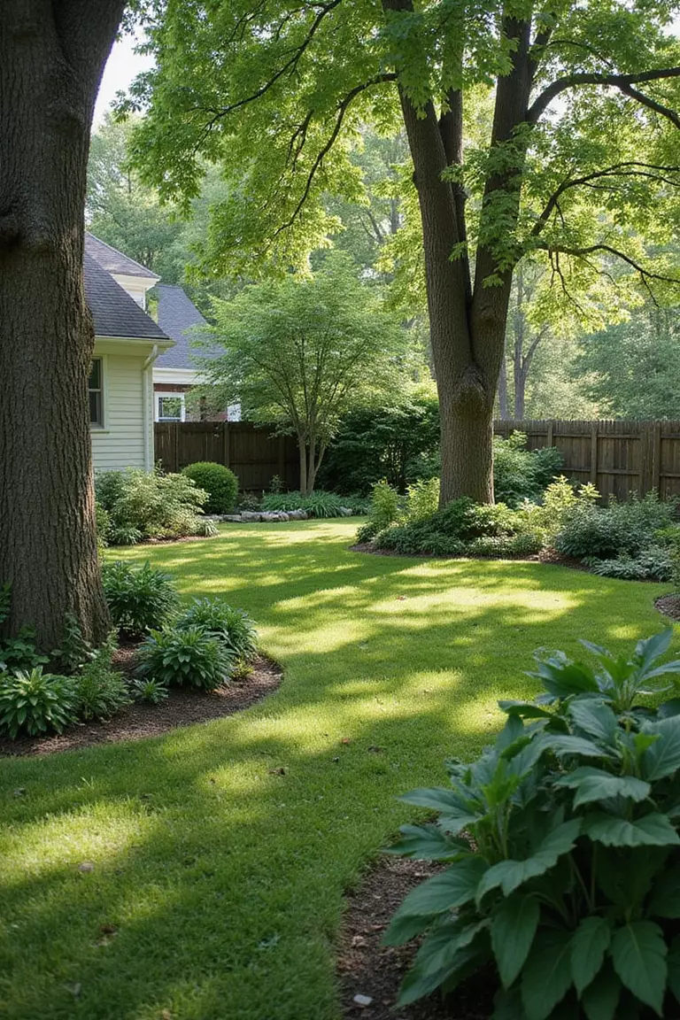 Backyard of a typical American suburban home with a garden under tall trees, hostas, ferns, and shade-loving flowers creating lush green understory, dappled light filtering through leaves.