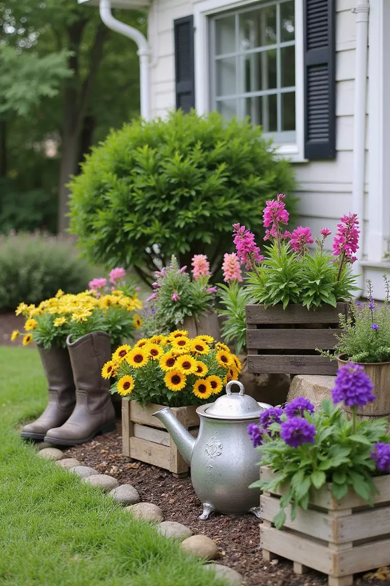 A photo of a typical American home's garden showing creative planters made from repurposed items like old boots, teapots, and wooden crates filled with bright flowers.