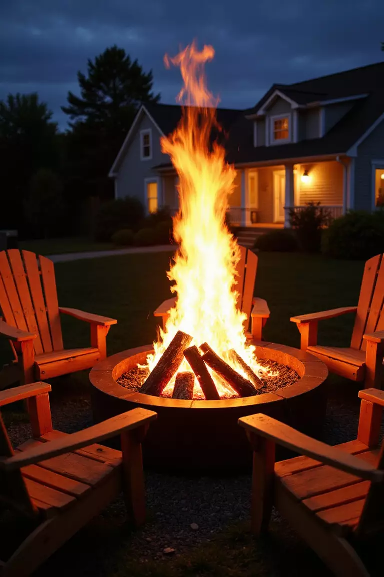 A photo of a typical American home's garden with a large copper fire pit filled with burning logs, orange flames rising high, surrounded by Adirondack chairs at night