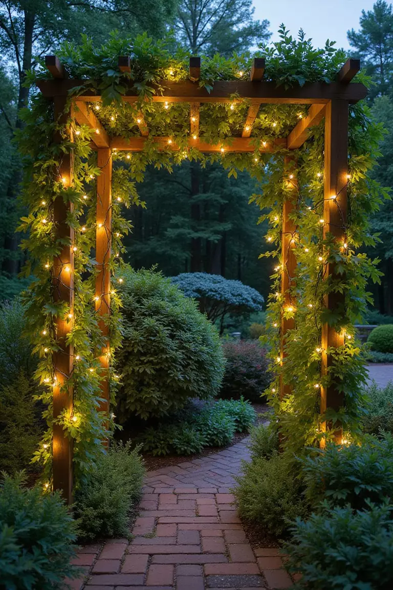 A photo of a typical American home's garden trellis covered with climbing plants and intertwined with string lights that illuminate the greenery.