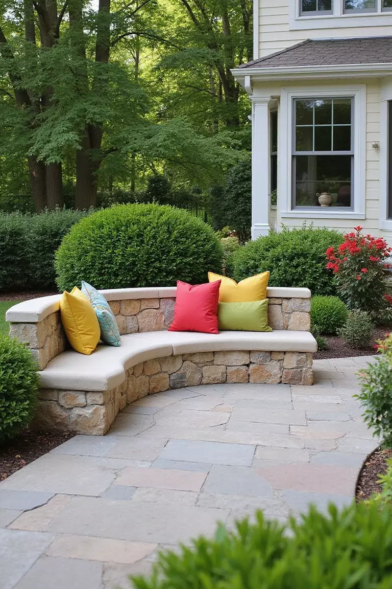 A photo of a typical American home's garden featuring a curved stone bench built into the edge of a patio with colorful cushions on top.