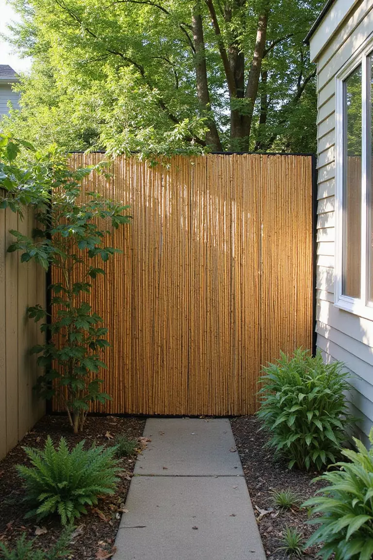 Bamboo or Reed Screens A photo of a typical American home's garden featuring a natural bamboo screen mounted on a wall, creating texture with dappled sunlight filtering through.