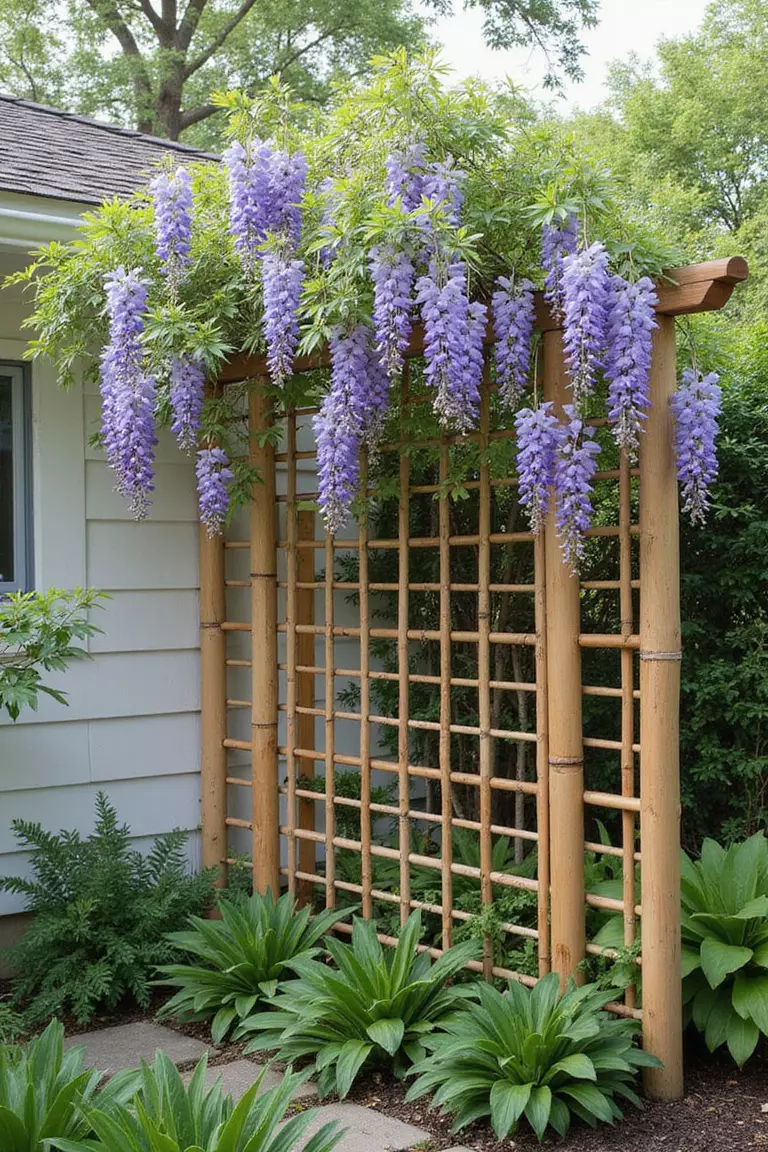 A photo of a typical American home's garden with a minimalist Japanese-style wooden trellis featuring bamboo accents and delicate climbing wisteria.