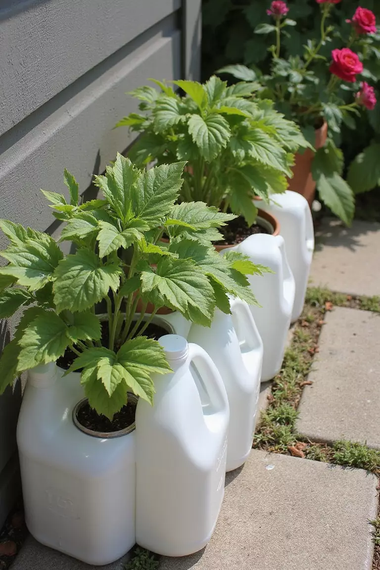 A close-up photo of a typical American home's garden with plastic milk jugs cut and converted into self-watering planters, arranged on a sunny patio corner.