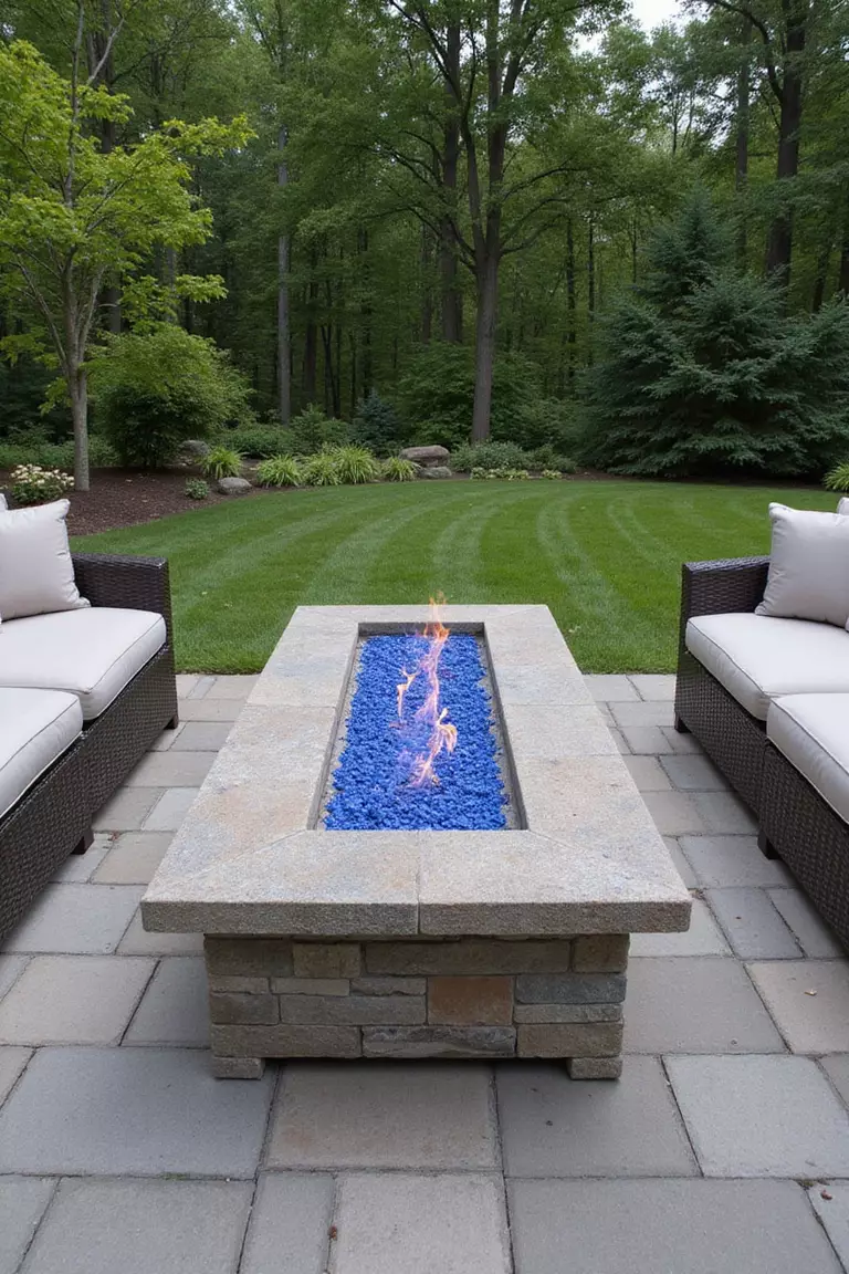 A photo of a typical American home's garden with an elegant rectangular stone fire table, blue flames running down the center, comfortable outdoor sofas on either side