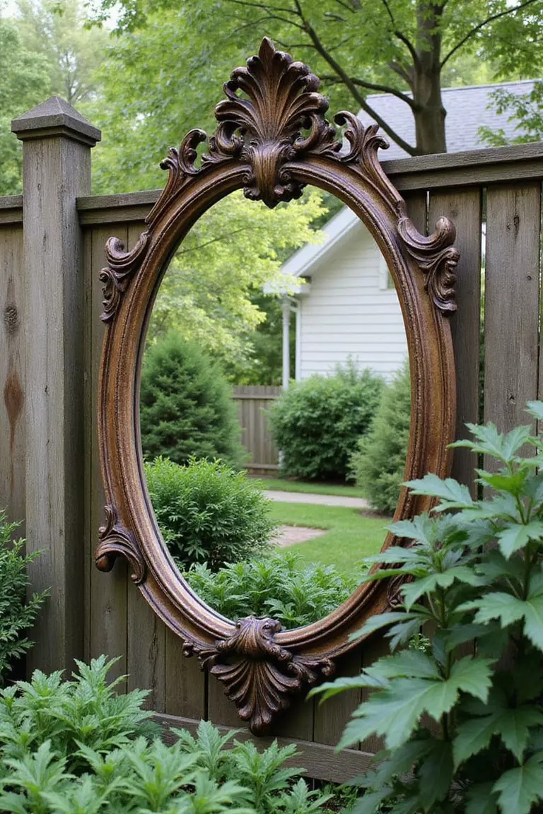 Outdoor Mirror A photo of a typical American home's garden featuring a large ornate mirror mounted on a fence wall, reflecting garden plants and creating an illusion of extended space.