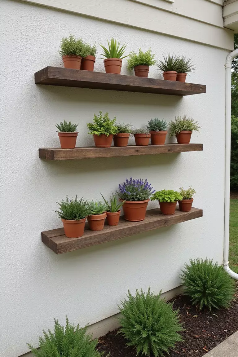 A photo of a typical American home's garden featuring wooden floating shelves mounted on a patio wall, displaying an arrangement of small potted plants and succulents.