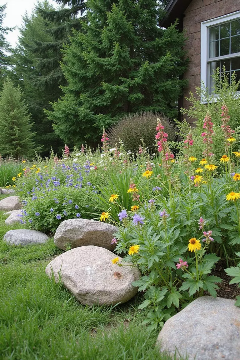 A photo of a typical American home's garden featuring local wildflowers and native plants growing naturally among rocks arranged in a meadow-like setting.