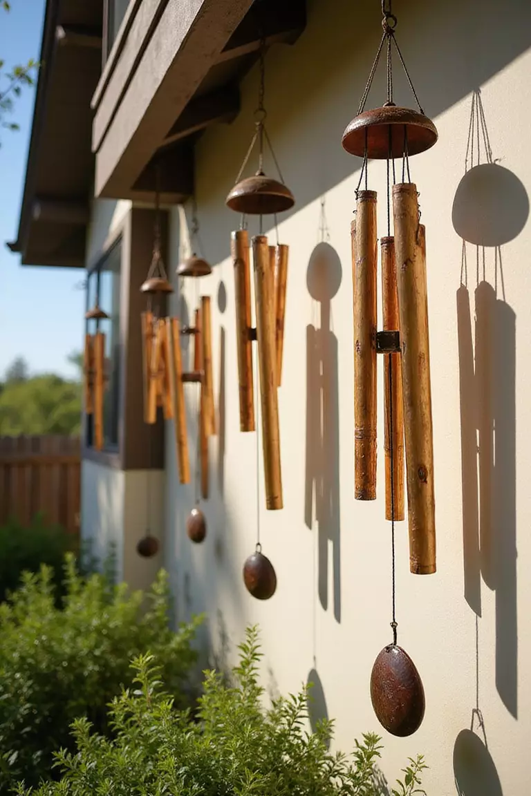 Wind Chimes Collection A photo of a typical American home's garden wall with various copper and bamboo wind chimes hanging at different heights, catching afternoon sunlight.