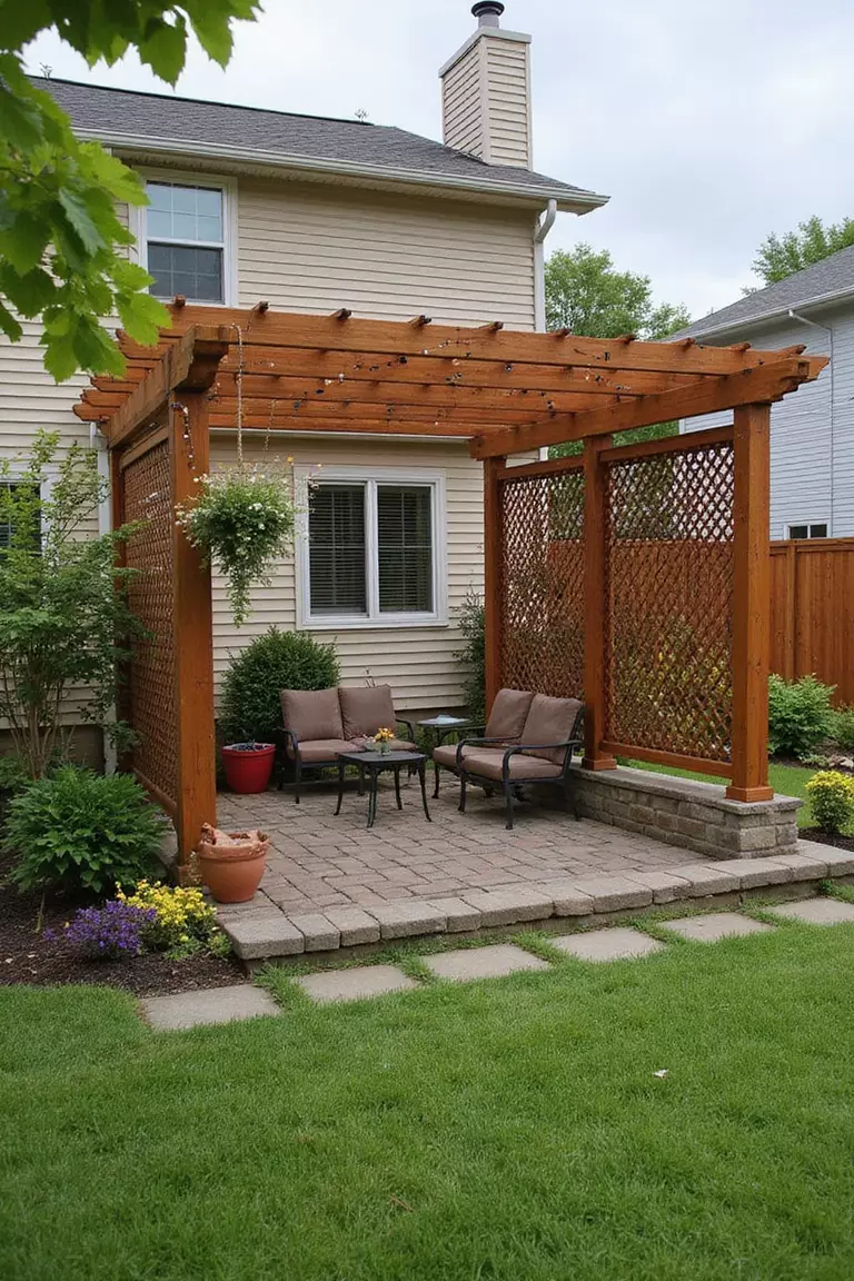 Backyard of a typical American suburban home with a garden showing a wooden pergola with lattice privacy screens on two sides, decorated with hanging plants and string lights.