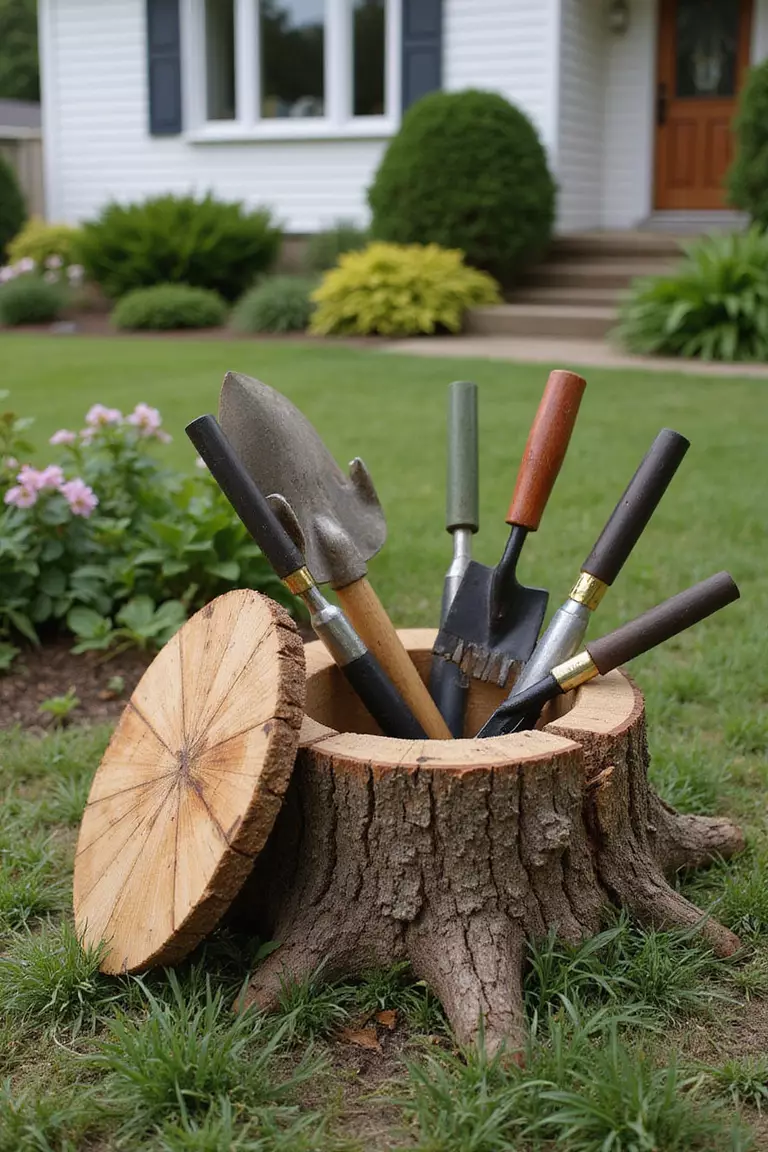 A close-up photo of a typical American home's garden featuring a hollowed tree stump with a hinged wooden lid, being used to store garden tools.