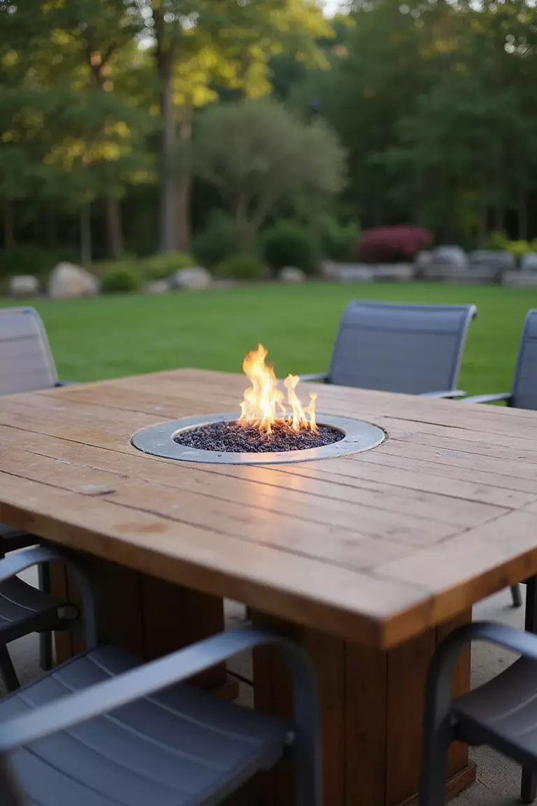 A close-up photo of a typical American home's garden patio table with a small built-in fire feature in the center, gel fuel burning with small flames, dining chairs around it