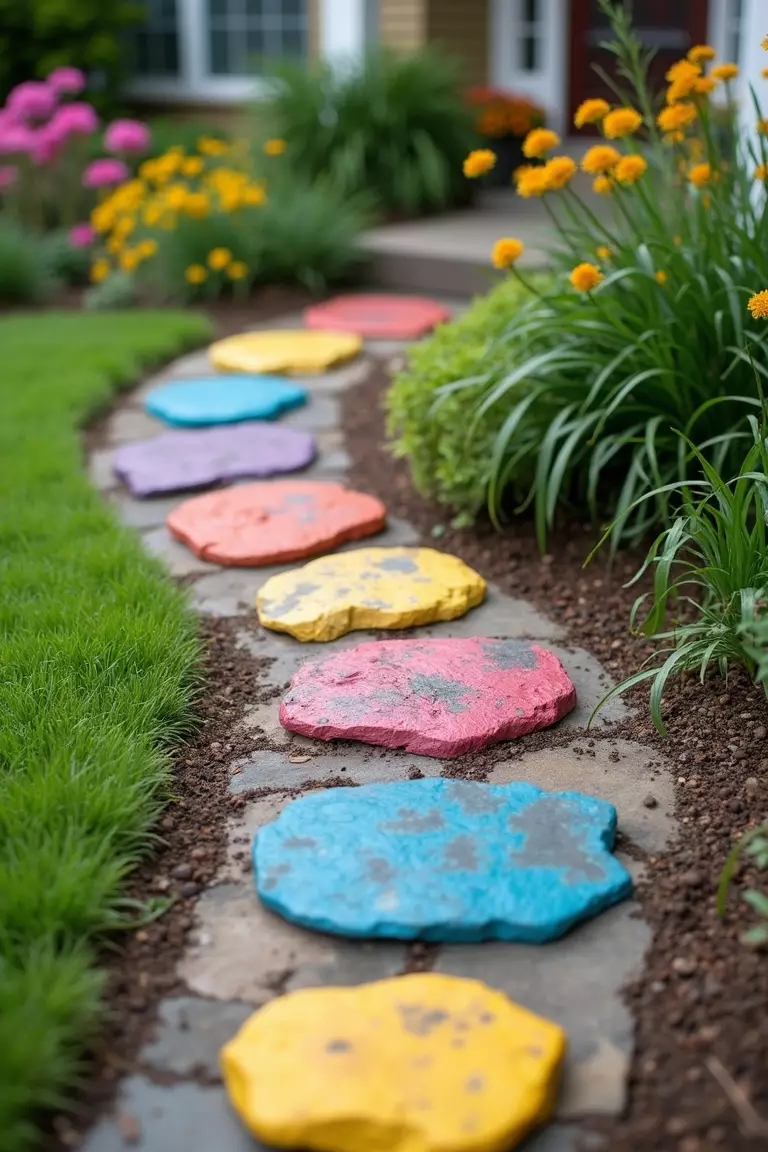 A close-up photo of a typical American home's garden showing flat rocks painted with bright colors and patterns forming a playful stepping stone path.